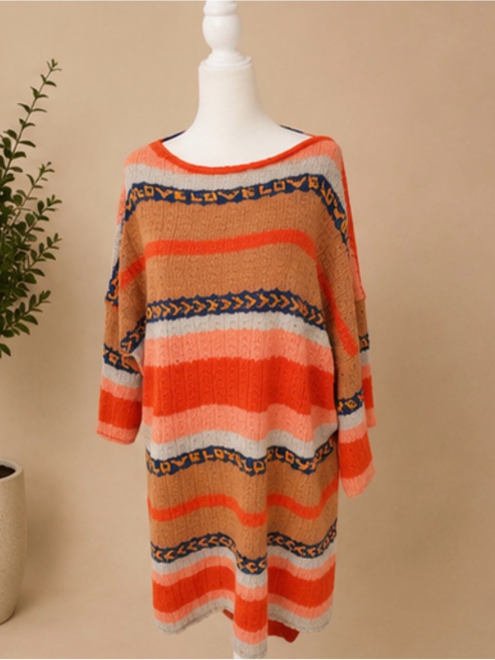 Free People Coral Orange and Tan Striped Off-the-Shoulder Sweater